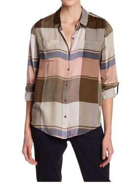 Lucky Brand Cloud Plaid Boyfriend Flannel button down shirt w/roll-tab sleeves L